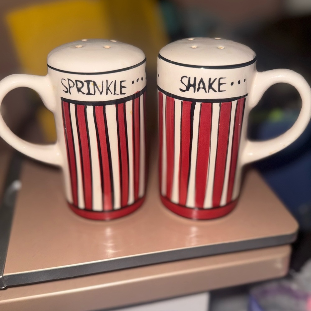 Striped Red and White Ceramic Popcorn Salt and Pepper Shakers